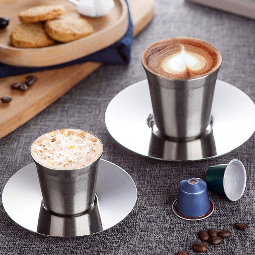 Yvsxxv 160ml Double Wall Stainless Steel Espresso Cup With Saucer Home Use 1Set