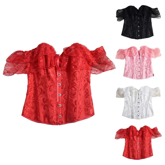 Feancey Lace Off The Shoulder Corset Tops for Women Sheer Sleeves Bustiers Tie-Up Back Waist Cincher Halloween Costume Shaperwear Top Pink L