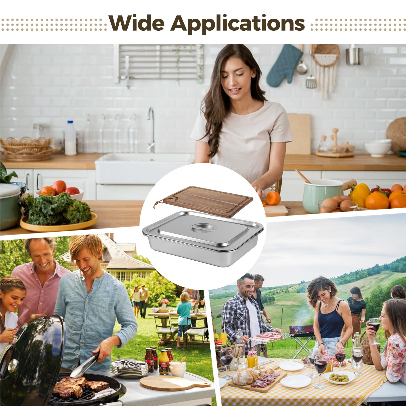 3 Pcs Grilling Prep And Serve Tray Set, Includes a Stainless Steel Marinade Container with Lid, a Rectangular Food Prep Tray, and a Acacia Cutting Board, Perfect BBQ Grill Accessories