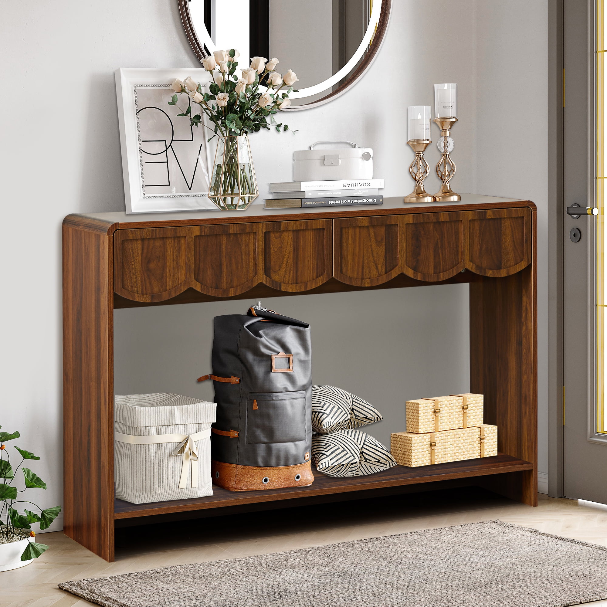 PHOYAL Console Table Sofa Table with 2 Drawer and Open Storage Shelves, Modern Entryway Table for Living Room Hallway Bedroom, Walnut