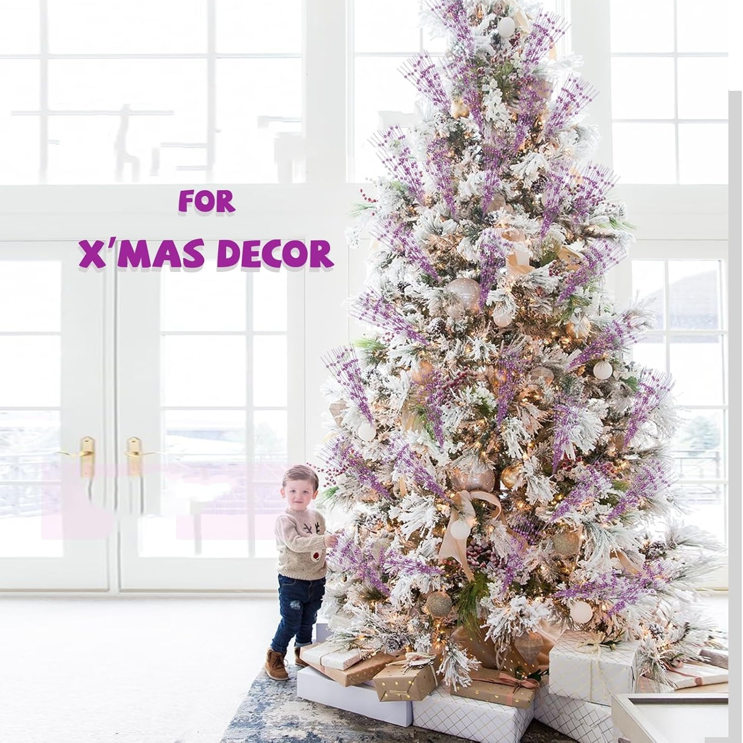 30 Pack Christmas Tree Berry Stem, Decorative Bead Sticks, Glittery Twigs, Picks, Branches for Christmas Tree, Small Vase, Holiday, Wedding, Party (17 Inches, Purple)