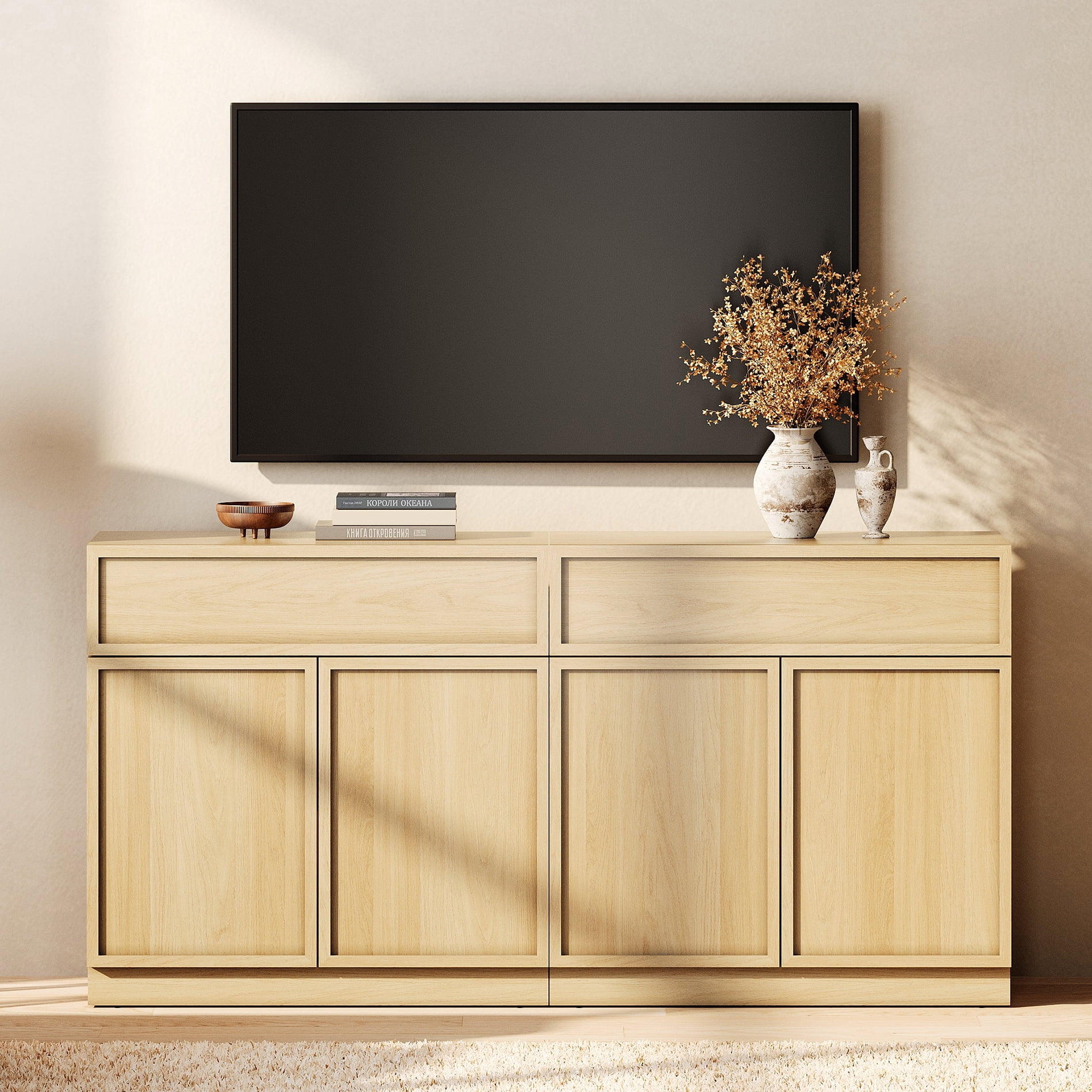 WAMPAT Modern TV Stand for TVs Up to 40", Wooden Entertainment Center TV Console with 4 Doors and Drawers, Media Console Cabinet with Adjustable Shelf for Living Room, Bedroom, Oak