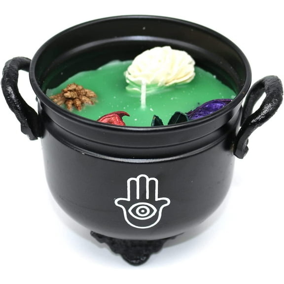 Soul Sticks 4" Hamsa Hand Metal Cauldron Amber Patchouli Scented Candle with Dried Flowers with Handle Reusable for Spells, Smudging, Rituals & Blessings