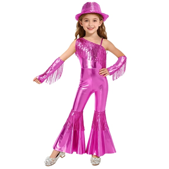 Alvivi Kids Girls Jazz Disco Performance Dancewear Sleeveless Sequins Flared Jumpsuit with Gloves and Hat Dance Leotard Hot Pink 14