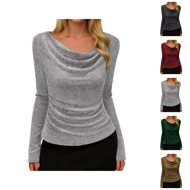 Womens Sparkle Top 2026 Spring Fashionable Long Sleeve Cowl Neck Stretch T Shirt Going out Tops Rave Outfits
