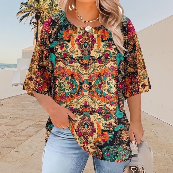 Tdoqot Womens Plus Size Graphic T Shirts- Loose Vintage Short Sleeve Casual Pleated Summer Tops Boho Blouse Yellow Size 2XL