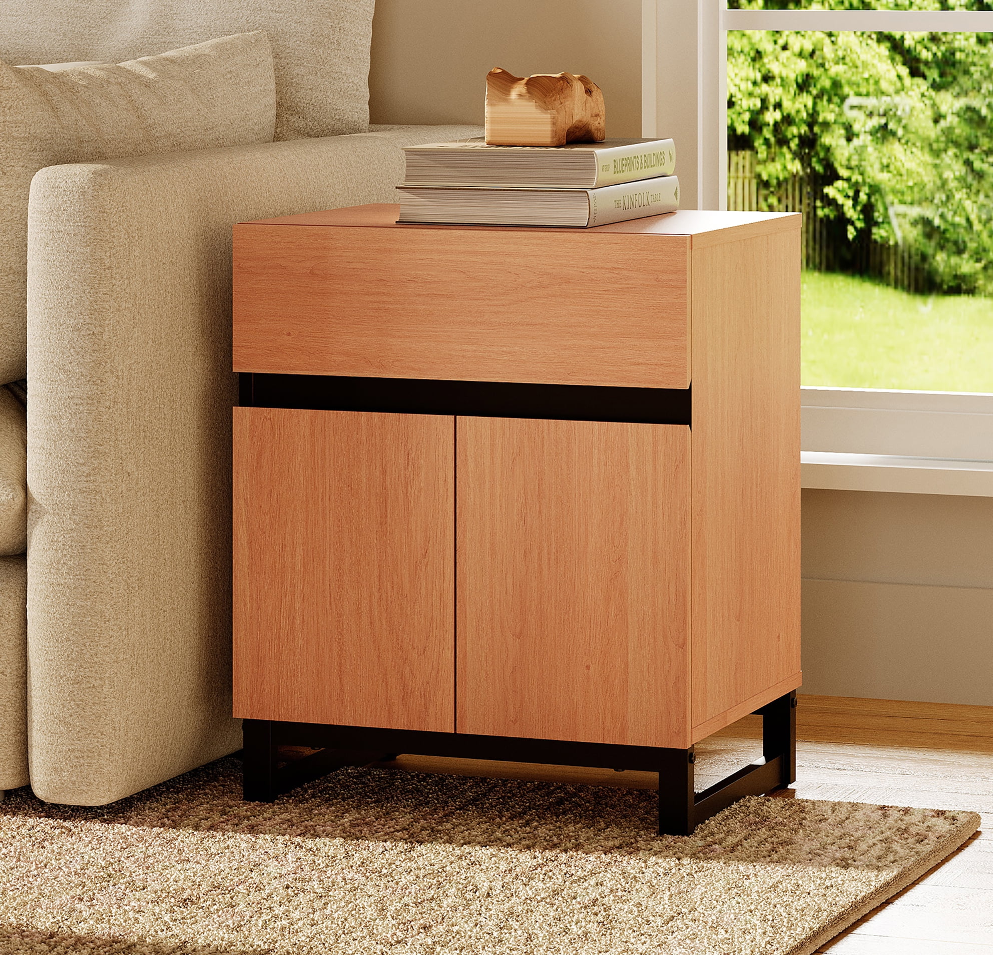 WAMPAT Nightstand with 1 Drawer and 1 Storage Cabinet, Modern Bedside Table with 2 Open Door for Bedroom, Wood Rustic Side End Table for Living Room,Mocha