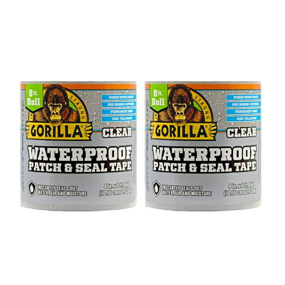 Gorilla Waterproof Patch & Seal Tape, 4" x 8', Clear, Pack of 2