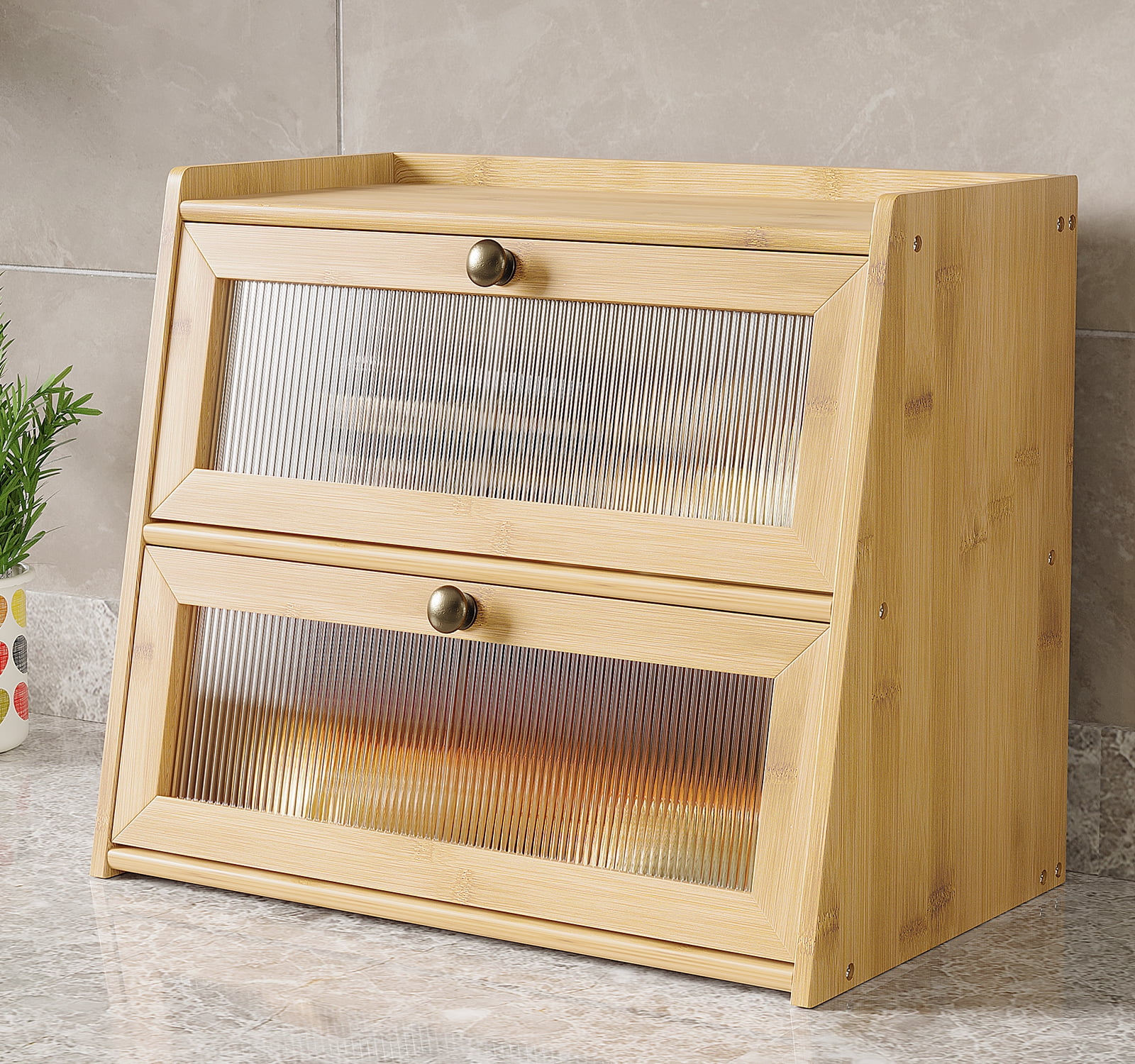 BALANBO Bread Box for Kitchen Countertop Bamboo Bread Storage Container Bin 2 Layer Breadbox Holder Large Capacity Keeper Wood Farmhouse Food Organizer Pantry Shelf Clear Window（Natural color)