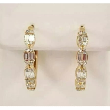 Silver Shop 14K Yellow Gold Finish Silver Baguette Cut Cubic Zirconia Hoop Earrings