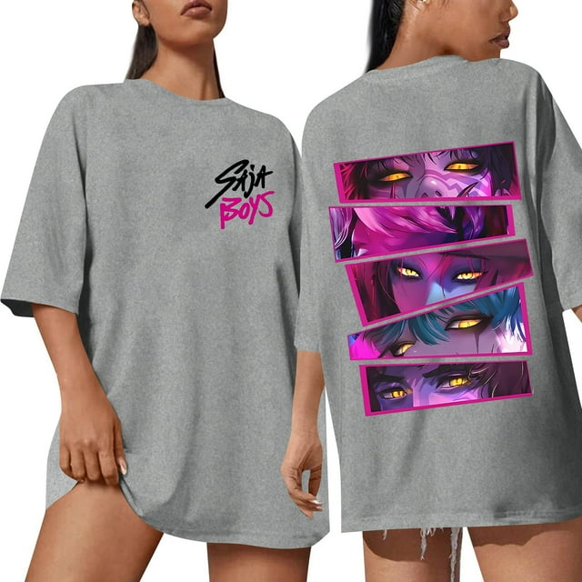 Pop cazadora para niña Demon Hunters Round-Neck Printed Anime Trio Poster T Shirt (Gray)