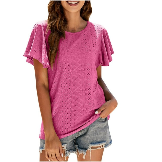 JUNWELL Hauts d'Été pour Femmes Col Rond Volants Manches Courtes Chemises à Illets Décontractées Coupe Ample Blouses Fluides Tunique Jaune