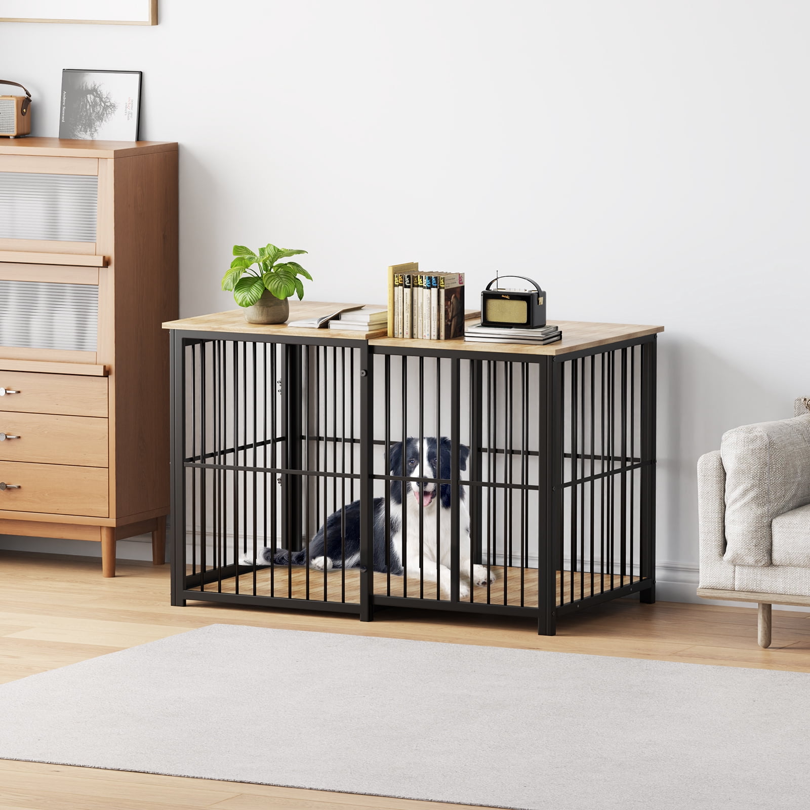 Erinnyees Large Dog Crate Furniture, Retractable Dog Kennel Furniture, Wooden Large Dog Kennel Indoor, Heavy-Duty Dog Cage Furniture with 3 Levels of Adjustable Size,45.6" L
