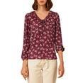 thumbnail image 2 of MODA NOVA Junior's Floral Ruffle Tie V Neck Button Down Blouse Plum S, 2 of 5
