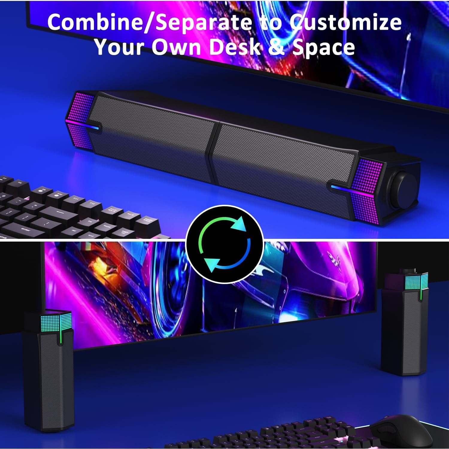 M20 Bluetooth Computer Speakers for PC Desktop Monitor, Gaming PC Sound Bar - Wired USB-Powered, Superb Stereo Sound, with Gradient RGB Lighting - Combine/Separate to Customize Your Desk