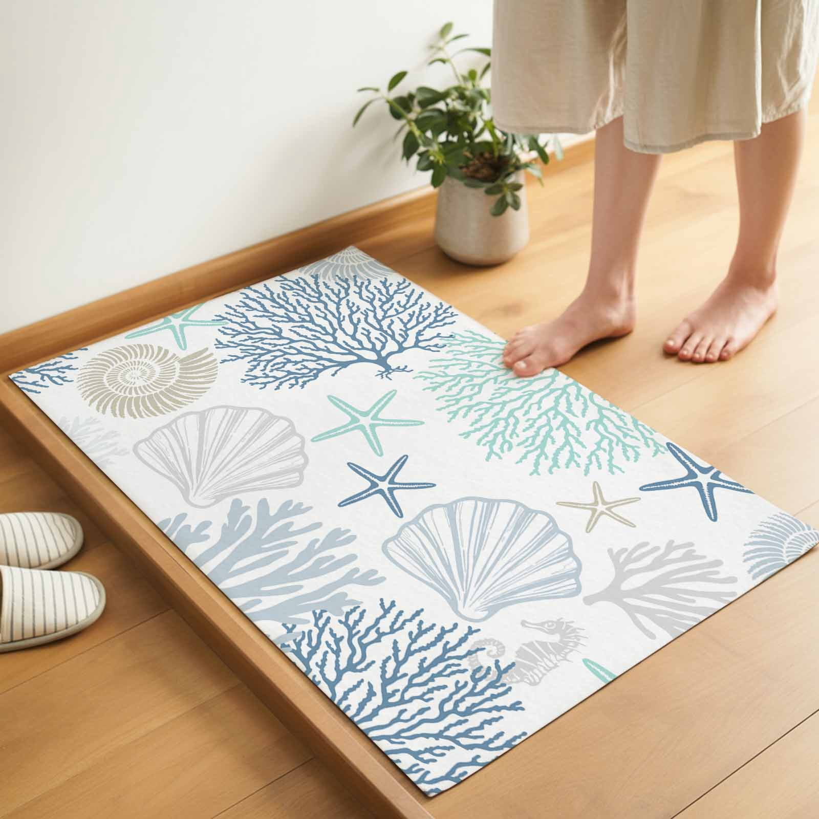 Blue Coral Coastal Indoor Door Mat - 18"x30", Non-Slip Welcome Mat for Outdoor, Summer Beach Shell Conch Ocean Front Doormat for Entry, Low-Profile Doormat Entrance Rug for Kitchen/Bathroom