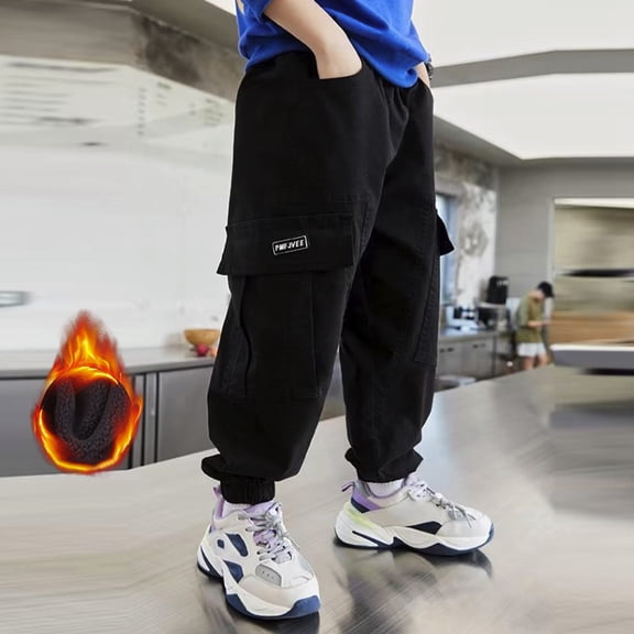 Uobin Boys Fleece‑Lined Jogger Cargo Pants, Multi‑Pocket Warm Tapered Long Trousers for Big Kids Fall Winter