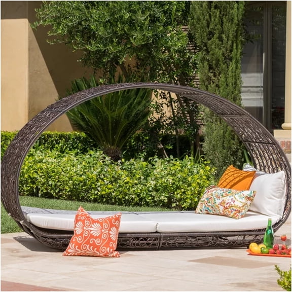 JERFIT 91.25 Inch Outdoor Patio Daybed with Canopy, All-Weather Wicker Rattan Sofa Bed with Waterproof Cushion, Multi Brown & Beige