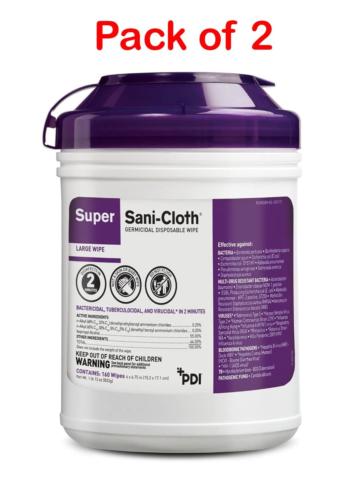 PDI Super Sani-Cloth Germicidal Disposable Cleaning Wipes - Quick Kill Time Cleaning & Fast Disinfection, EPA Registered, Versatile Surfaces, Hospital-Grade with Sustainability Focus - Pack of 2