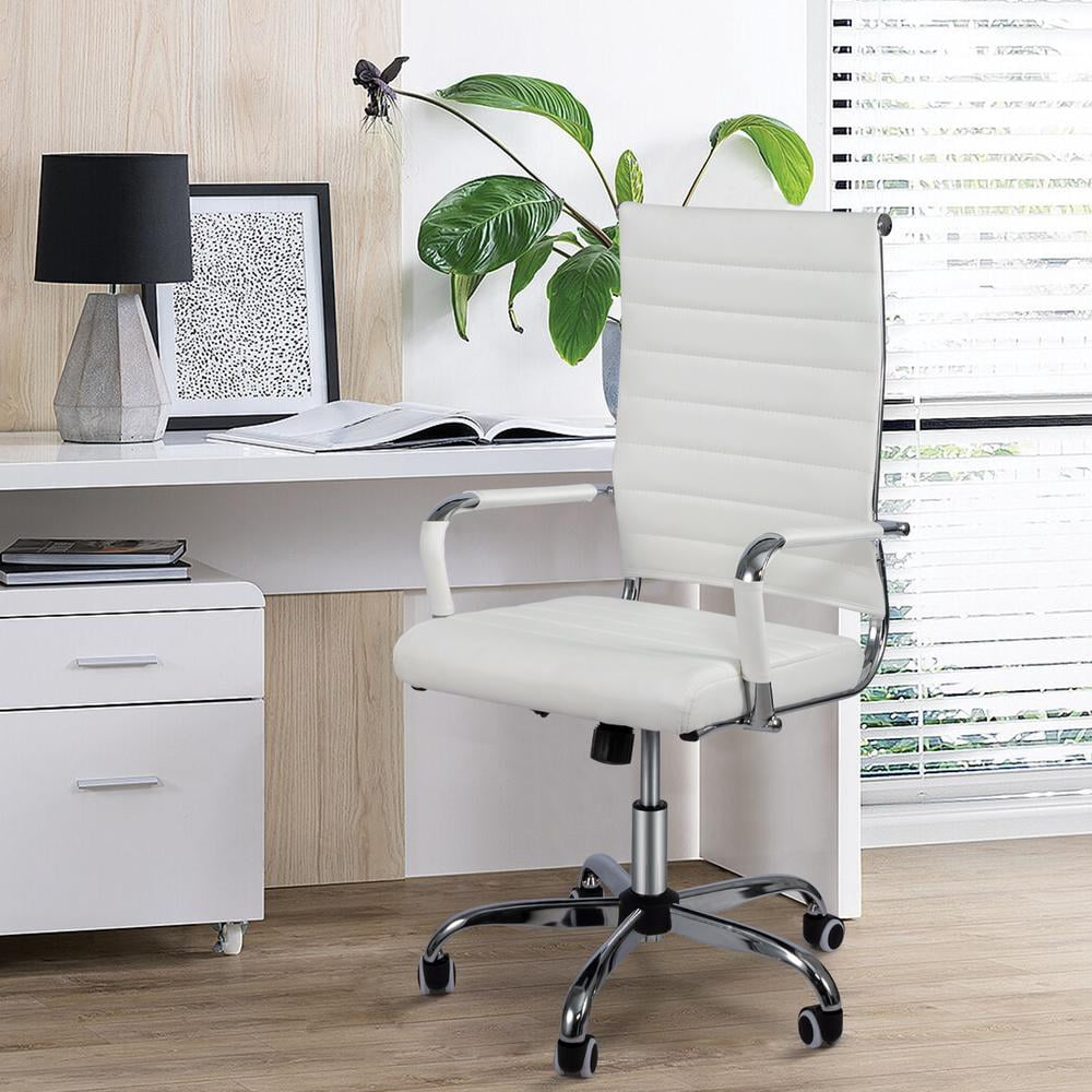 Okeysen Mid-Back Ribbed Home Office Desk Chair Ergonomic Faux Leather Conference Room Swivel Chairs Adult, Whtie