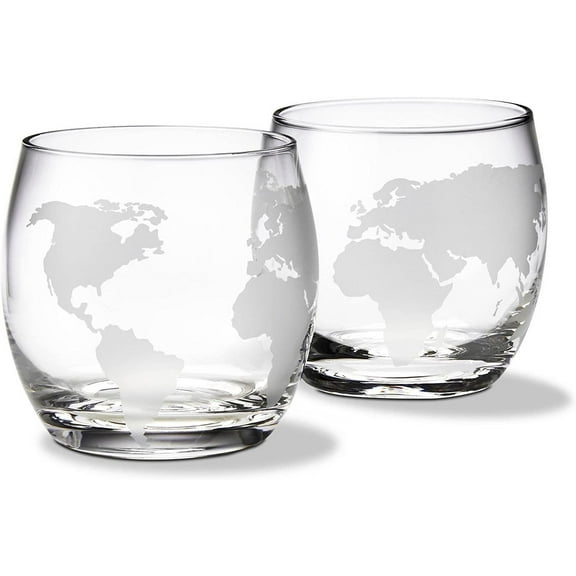World Globe Etched Whiskey Glasses. 12 oz. Set of 2