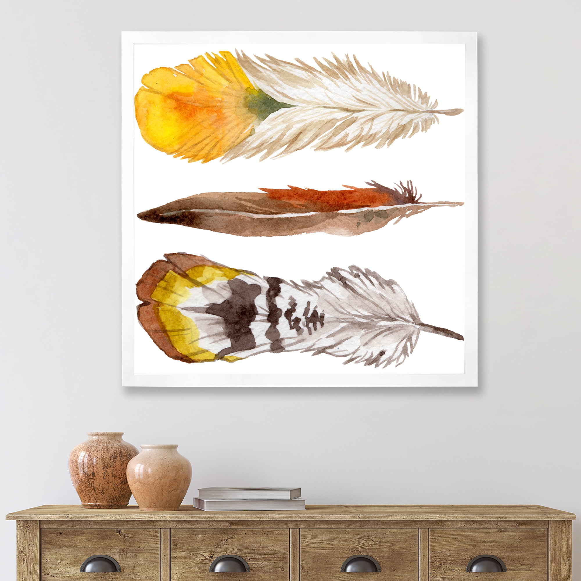Designart 'Ethnic Yellow Feather From Wing On White' Bohemian & Eclectic Framed Art Print