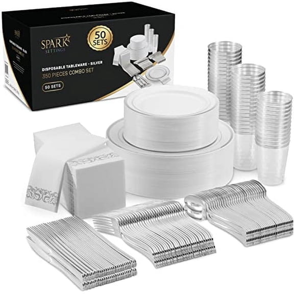Silver Plastic Dinnerware Set - 350 PC for 50 Guests, 100 Party Plates, 50 Cups, 50 Cutlery Sets & Napkins
