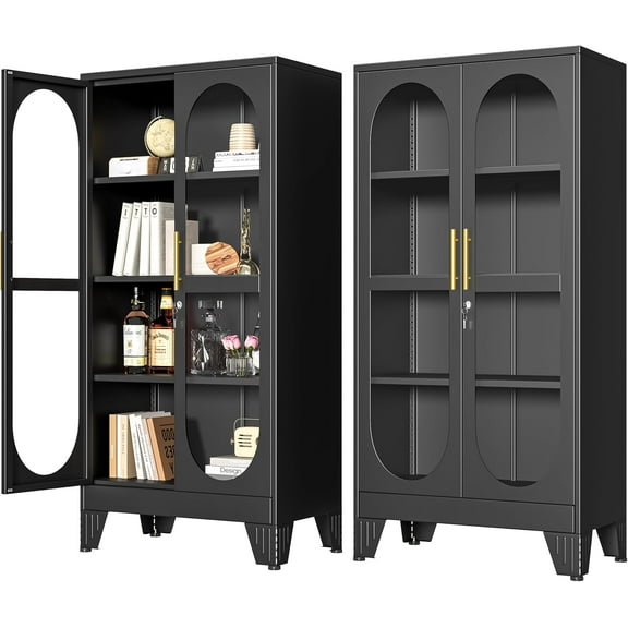 61" H Locking Display Cabinet with Glass Door, Metal Cabinets with 3 Adjustable Shelves, Cabinet Display Case for Living Room, Collectibles, Clinic, Home - Assembly Required Black