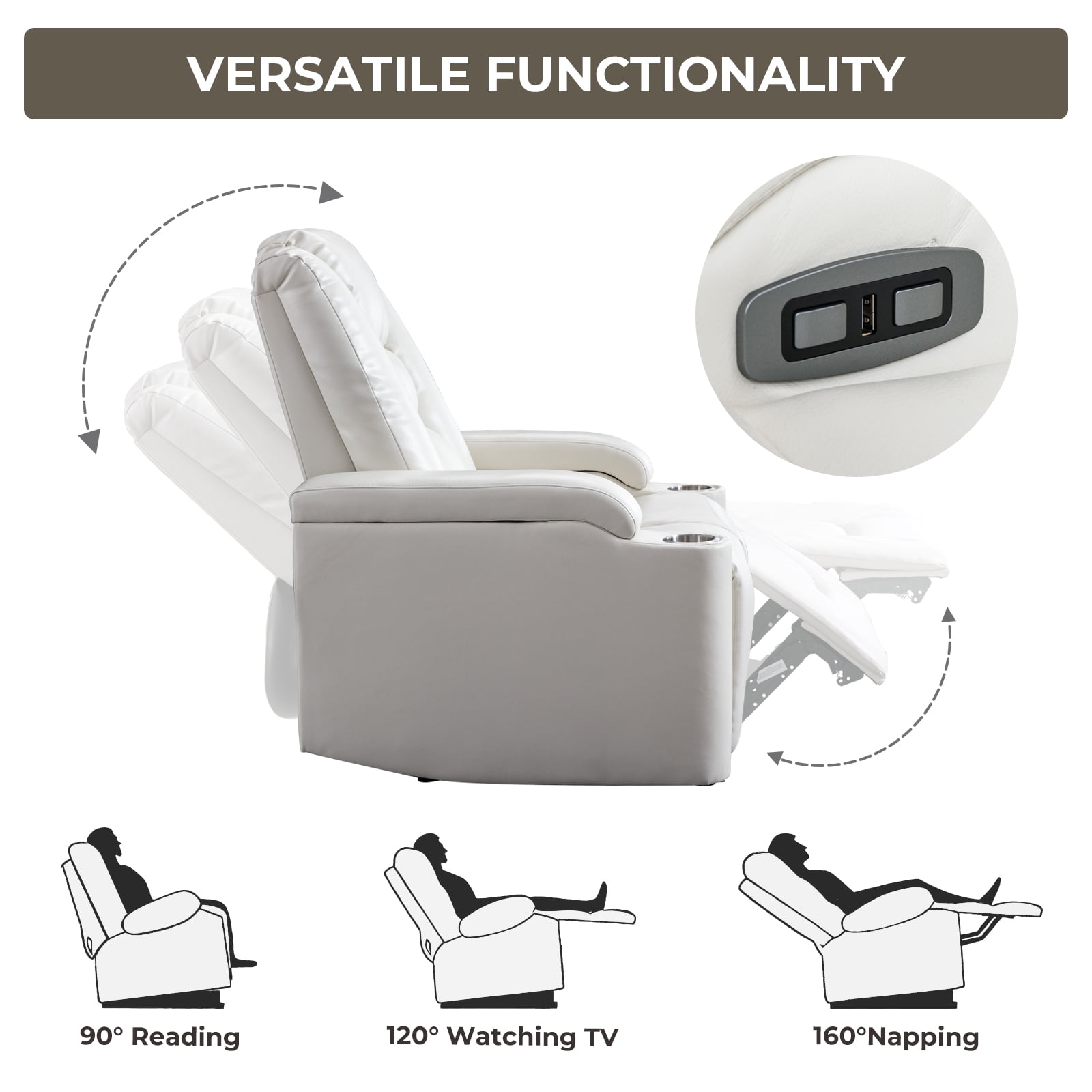 Bonzy Home Electric Power Recliner Chair, PU Leather Home Theater Seating Reclining Chairs with Cup Holders, USB Port, Adjustable Backrest & Hidden Arm Storage, White