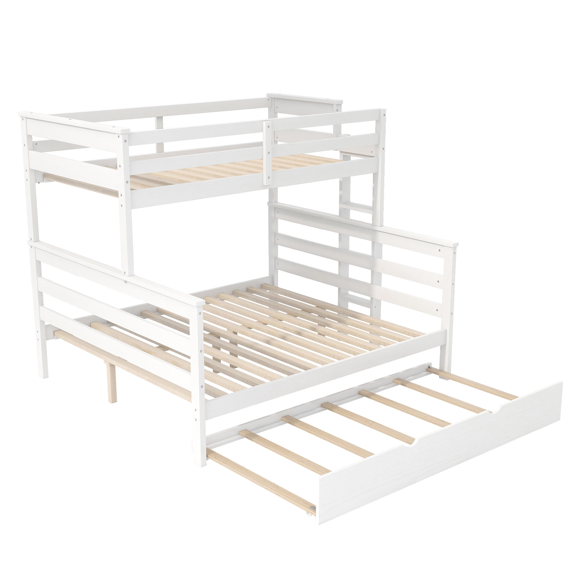 Euroco Wood Twin XL over Queen Bunk Bed with Trundle, 3 Beds in One Design, White