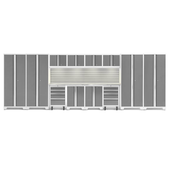 NewAge Products Bold Series Platinum 14 Piece Cabinet Set, Heavy Duty 24-Gauge Steel Garage Storage System, Slatwall / LED Lights Included