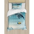 thumbnail image 1 of Whale Duvet Cover Set Twin Size, Dreamy View Of Whale And Aeroplane Fantasy Landscape Cloudy Sky Image, Decorative 2 Piece Bedding Set with 1 Pillow Sham, Pale Blue Yellow White, by Ambesonne, 1 of 3