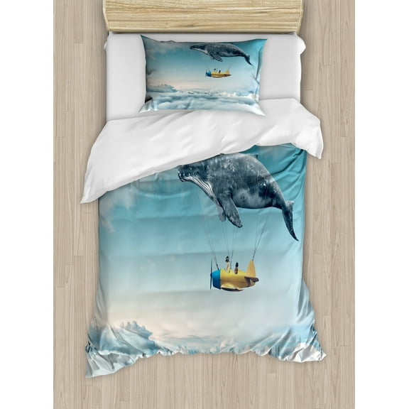 Whale Duvet Cover Set Twin Size, Dreamy View Of Whale And Aeroplane Fantasy Landscape Cloudy Sky Image, Decorative 2 Piece Bedding Set with 1 Pillow Sham, Pale Blue Yellow White, by Ambesonne