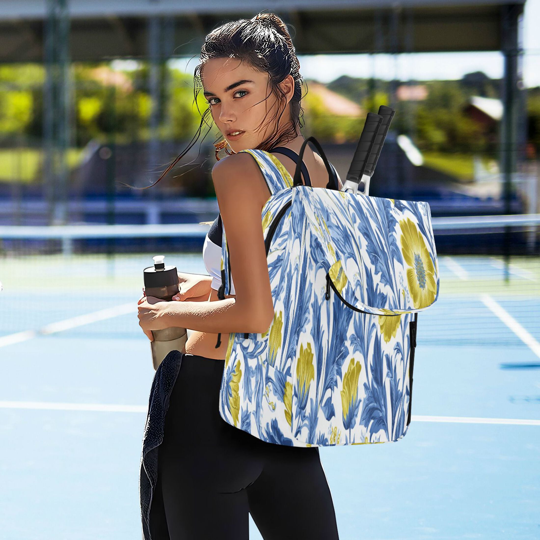 2 Racquet Holder Tennis Backpack Tennis Racket Covers Gym Bags Yellow Floral Style