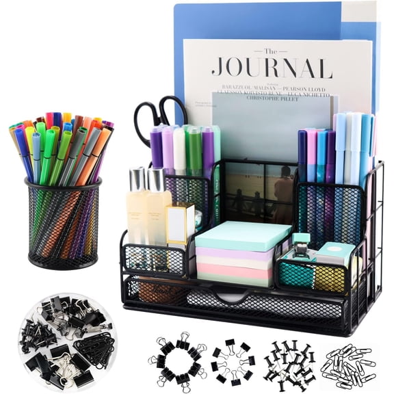 Desk Organizers and Accessories with 7 Compartments Pen Holder / 72 Clips Set, Drawer, Black Mesh Office Supplies Desktop Organizer for , Office Ect