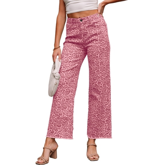 Women's Rose Leopard High Waist Wide Leg Jeans – Stylish Casual Wear for Daily Outings, 16