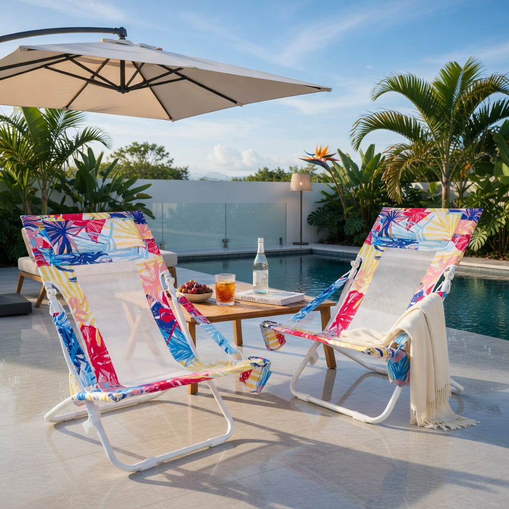 Hommoo 2-Pack Foldable Low Beach Chairs with Padded Headrest, Breathable Mesh Back & Cup Holder, Patio Sling Chairs for Outdoor, Pool, Camping, Pink