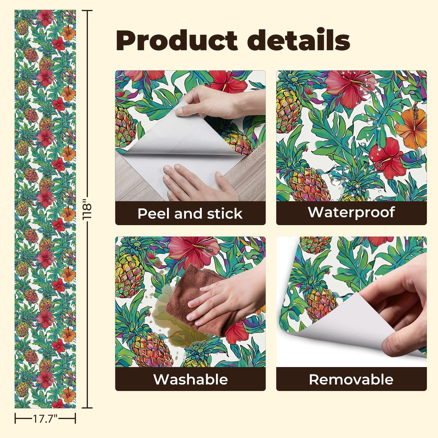 Peel and Stick Wallpaper Colorful Tropical Pineapple Hibiscus Floral Wall Mural 17.7in x 9.8ft Self Adhesive Removable Wall Paper Renter Friendly Wallpaper for Nursery Bedroom Cabinets