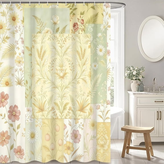 Vintage Boho Patchwork Floral Shower Curtain with 12Hooks 71x71 inches