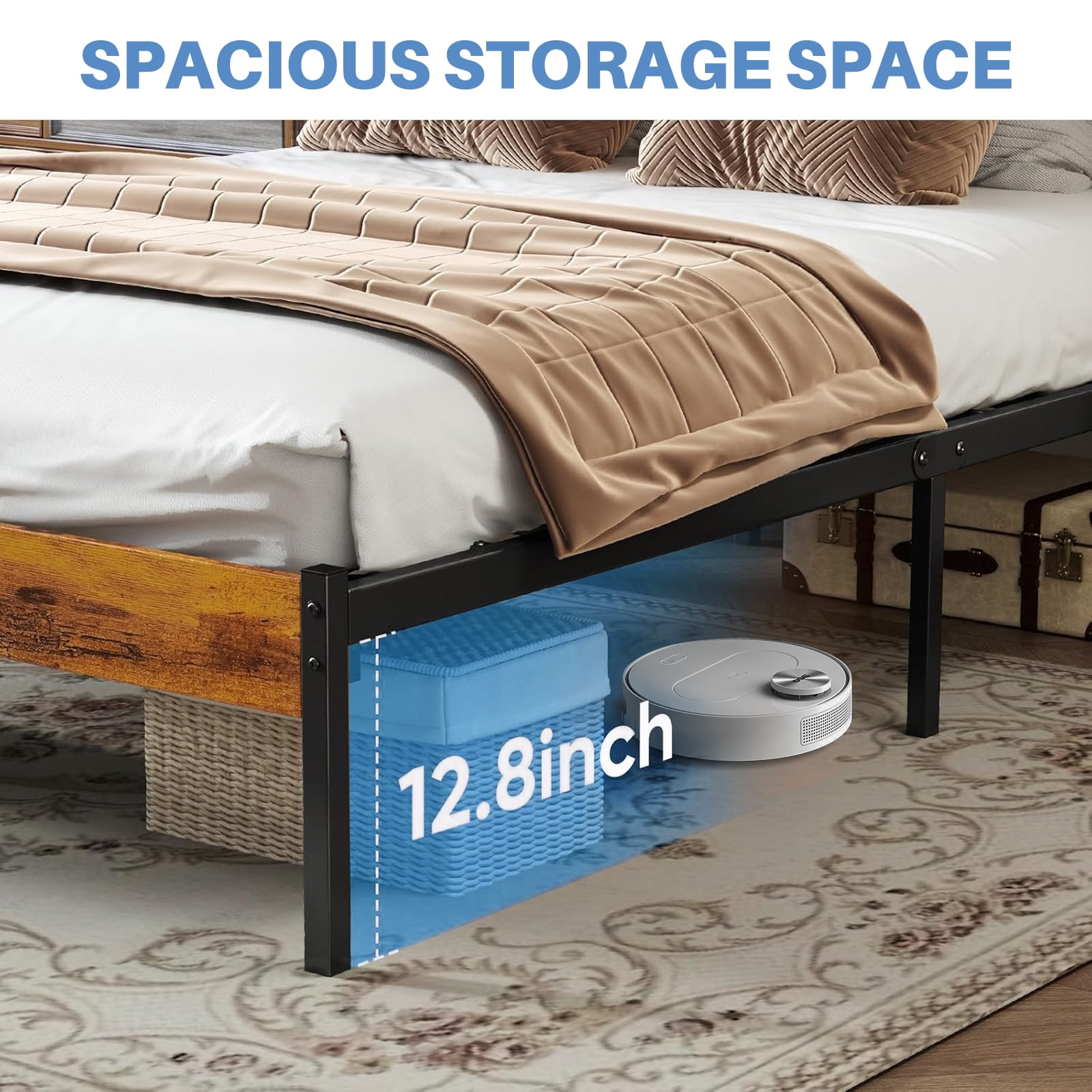 12.8 inch High Steel Bed Frame with Underbed Storage - No Box Spring Needed, Tool-Free Assembly, Queen