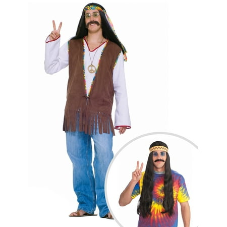 60s Hippie Costume Kit Adult Standard Vest With Wig