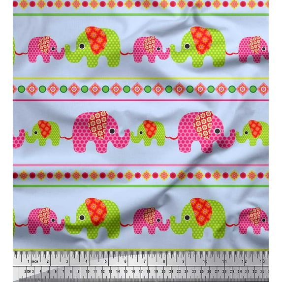Soimoi Poly Crepe Fabric Geometric Shapes,Stripe & Elephant Kids Fabric Prints by Yard 52 Inch Wide