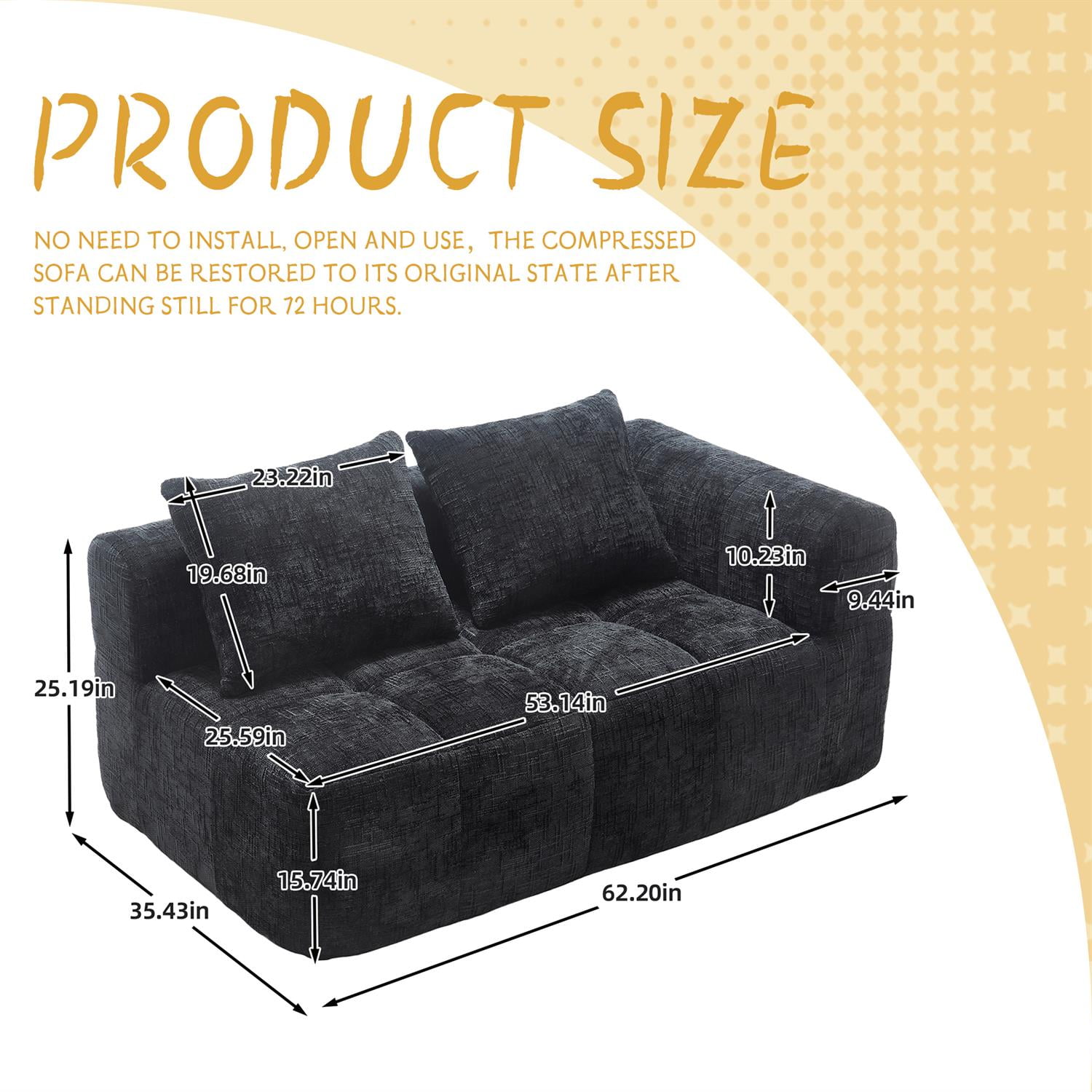 Demi Bonn 62" Plush Chenille Loveseat Sofa, Modular Sleeper for Living Room, Bedroom, Apartment Lounge, Stylish & Comfortable Couch, Black