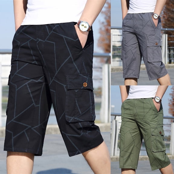 Men's & Big Capri Long Elastic Cargo Shorts Below Knee Shorts 3/4 Cotton Ripstop Workwear Cargo Casual Shorts with Multi-Pockets Size 2XL-6XL Navy