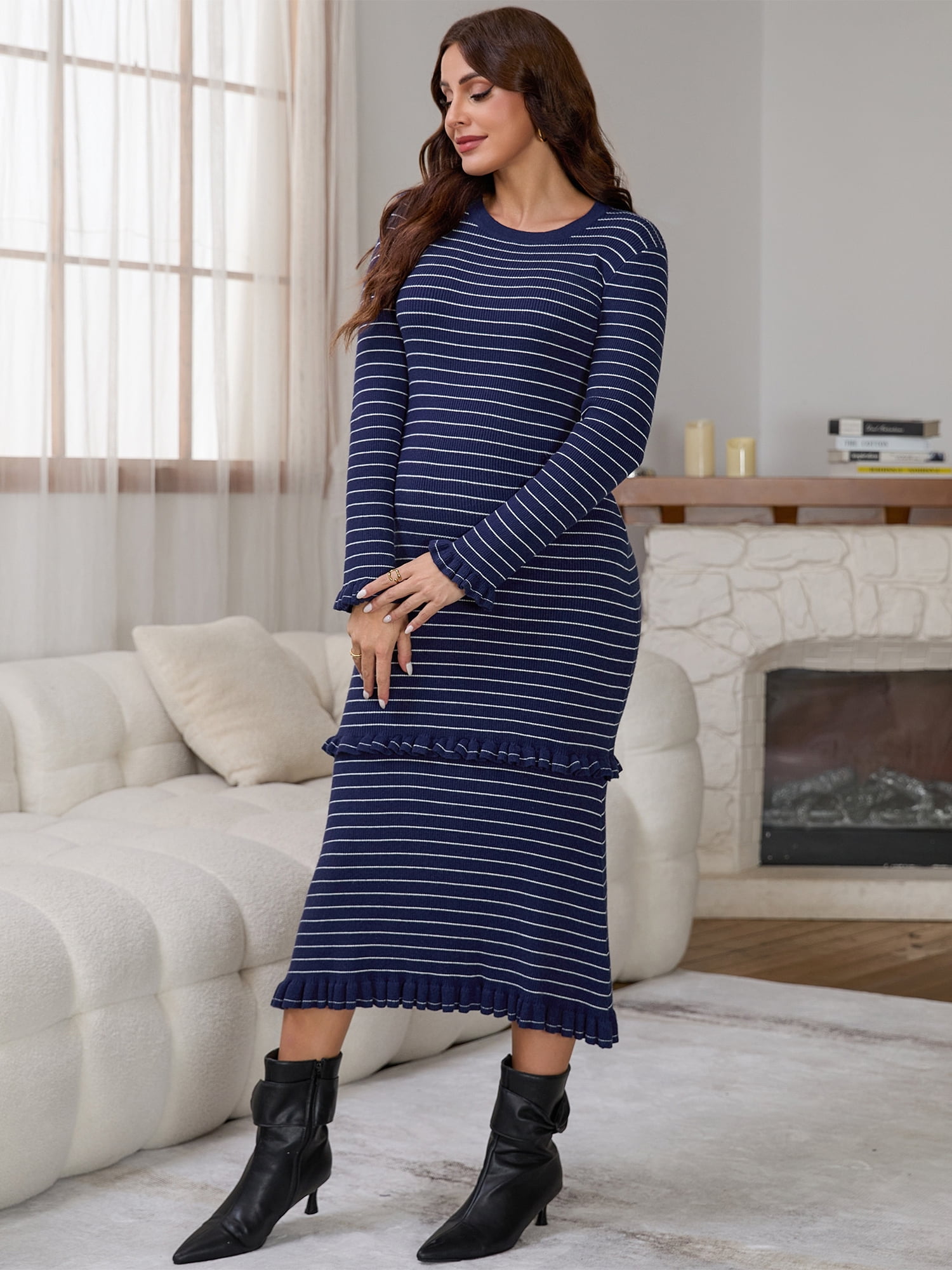 DARING DIVA Women's Maternity Sweater Ribbed Knit Striped Long Sleeve Midi Dress S Blue