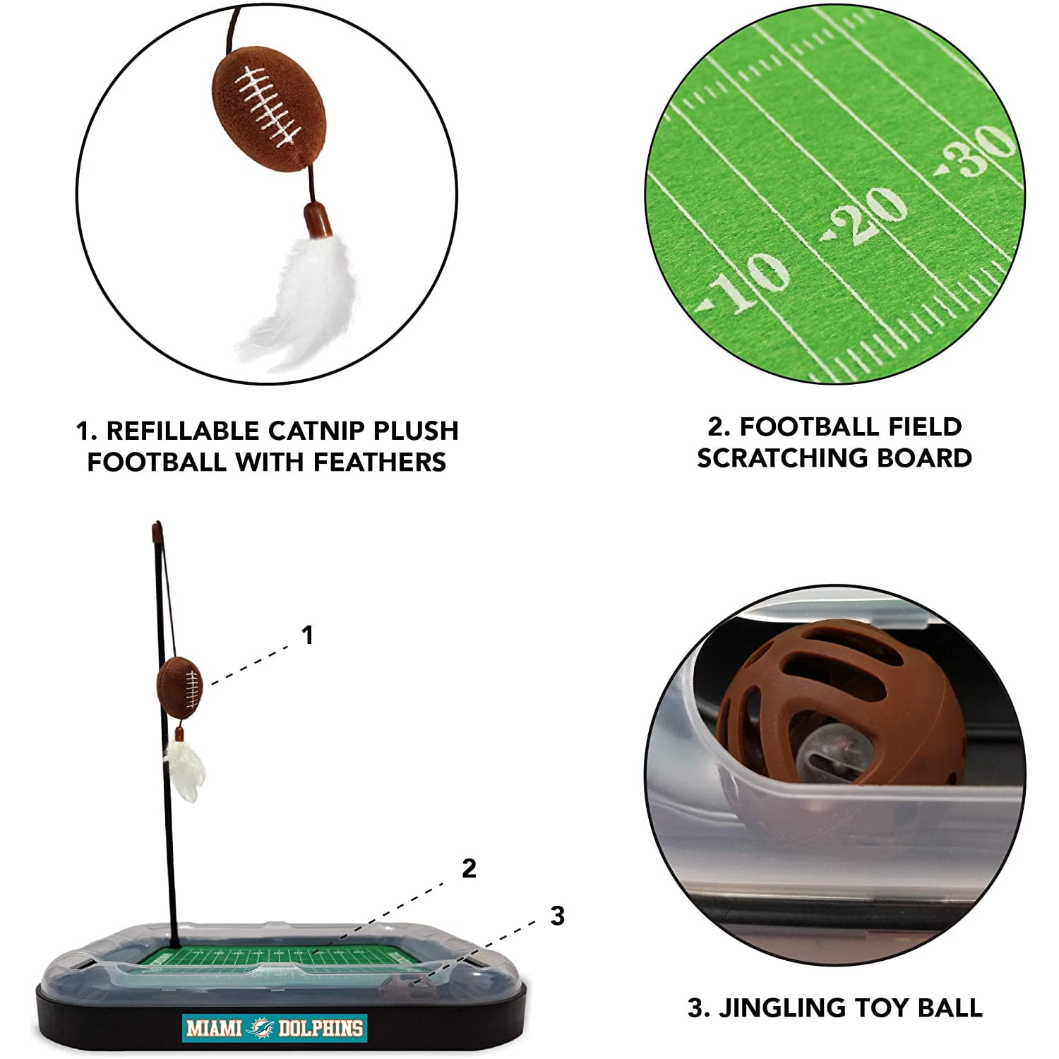 NFL Miami Dolphins CAT Scratcher Toy with Catnip Plush & Feather Cat and Kitty Toy