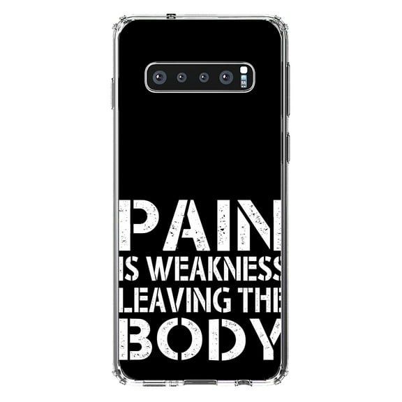 DistinctInk Clear Shockproof Hybrid Case for Samsung Galaxy S10 (6.1" Screen) - TPU Bumper, Acrylic Back, Tempered Glass Screen Protector - Pain is Weakness Leaving the Body - Inspirational Quote