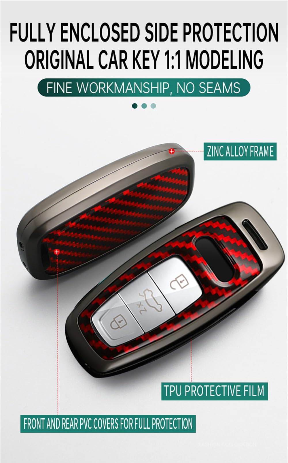 Key Protector Compatible with Audi 2018-up Metal Key Fob Cover for A3 A6 A7 A8 A8L E-Tron Q7 Q8 RS6 RS7 S3 S6 S7 SQ7 SQ8 Smart Remote Key Glove with Carbon Pattern
