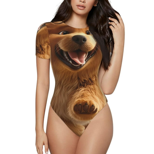 Easygdp Happy Fluffy Running Dog pour Femmes Maillot de Bain une Pièce Ajusté Col Rond Justaucorps Maillot de Bain Athlétique avec Boucle Dissimulée-Grand