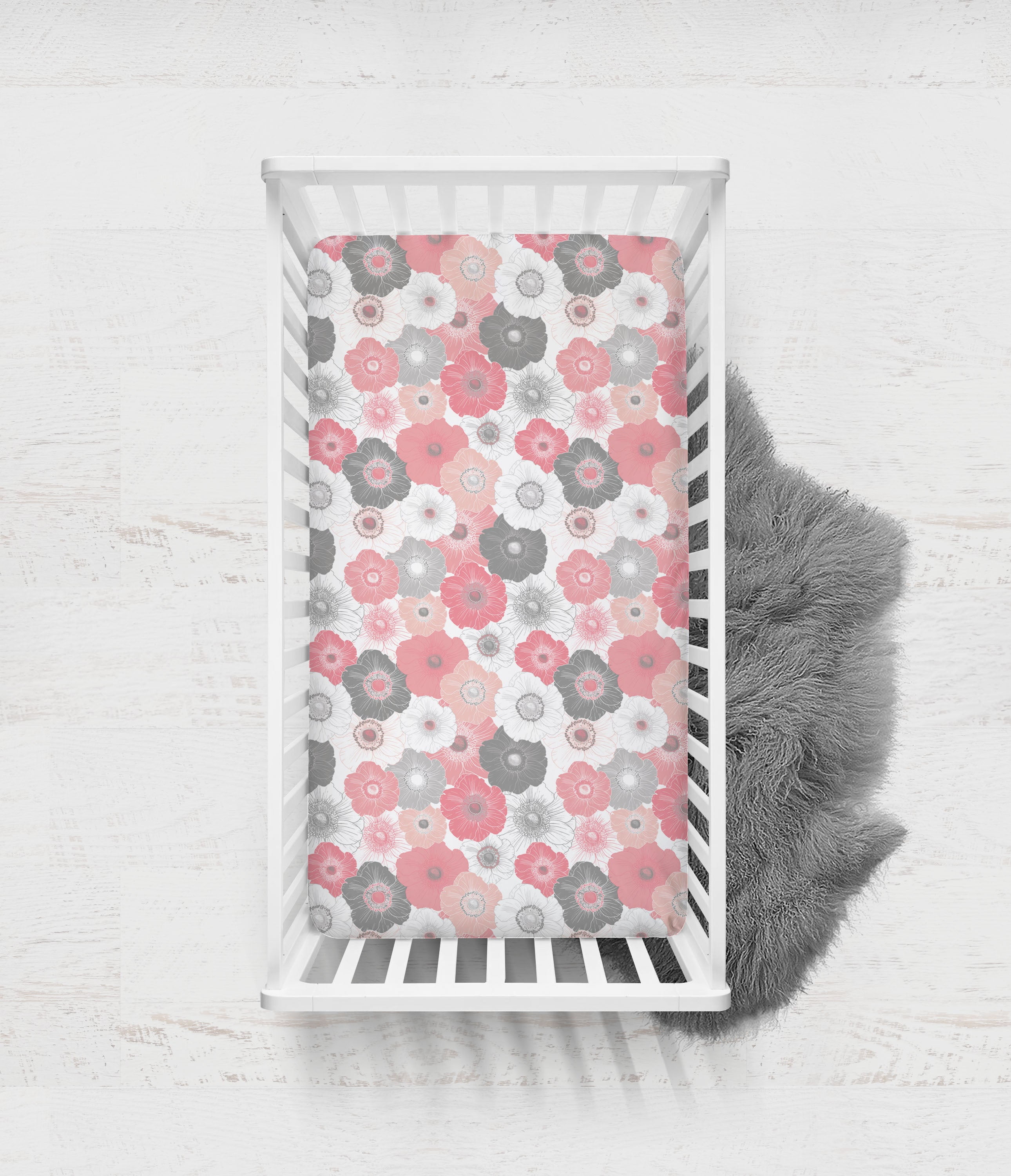 Bacati - Crib or Toddler Bed Fitted Sheet, Watercolor Flowers Coral Gray